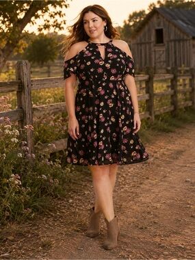 Torrid Floral Cold-Shoulder Fit & Flare Dress – Size 16 Romantic Cottagecore